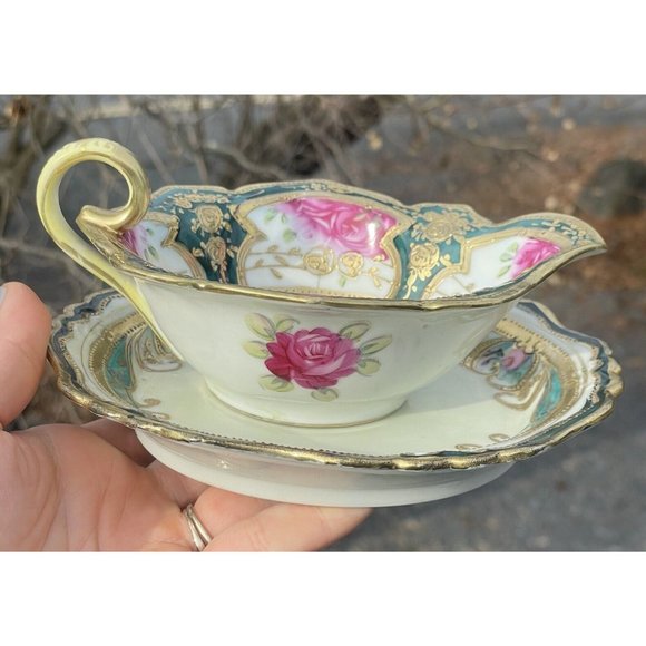 Antique Porcelain Hand Painted Gilt Mayonnaise Sauce Dish w Underplate Victorian - Picture 5 of 16